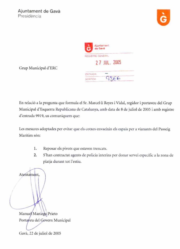 Resposta de l'Ajuntament de Gavà a la pregunta d'ERC sobre el problema de l'aparcament a Gavà Mar (22 de juliol de 2005)